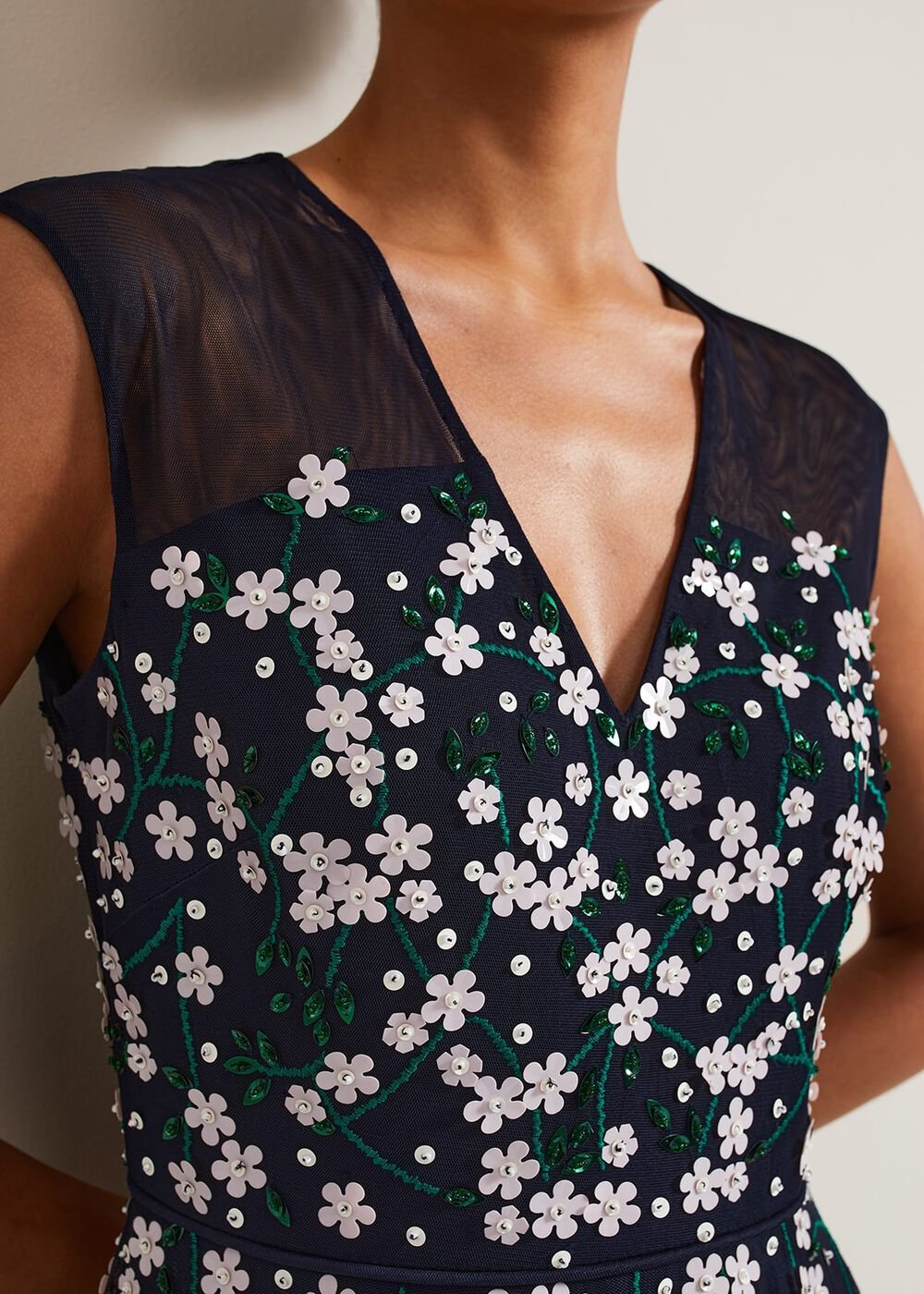 Ellen Blossom Beaded Midi Dress Navy