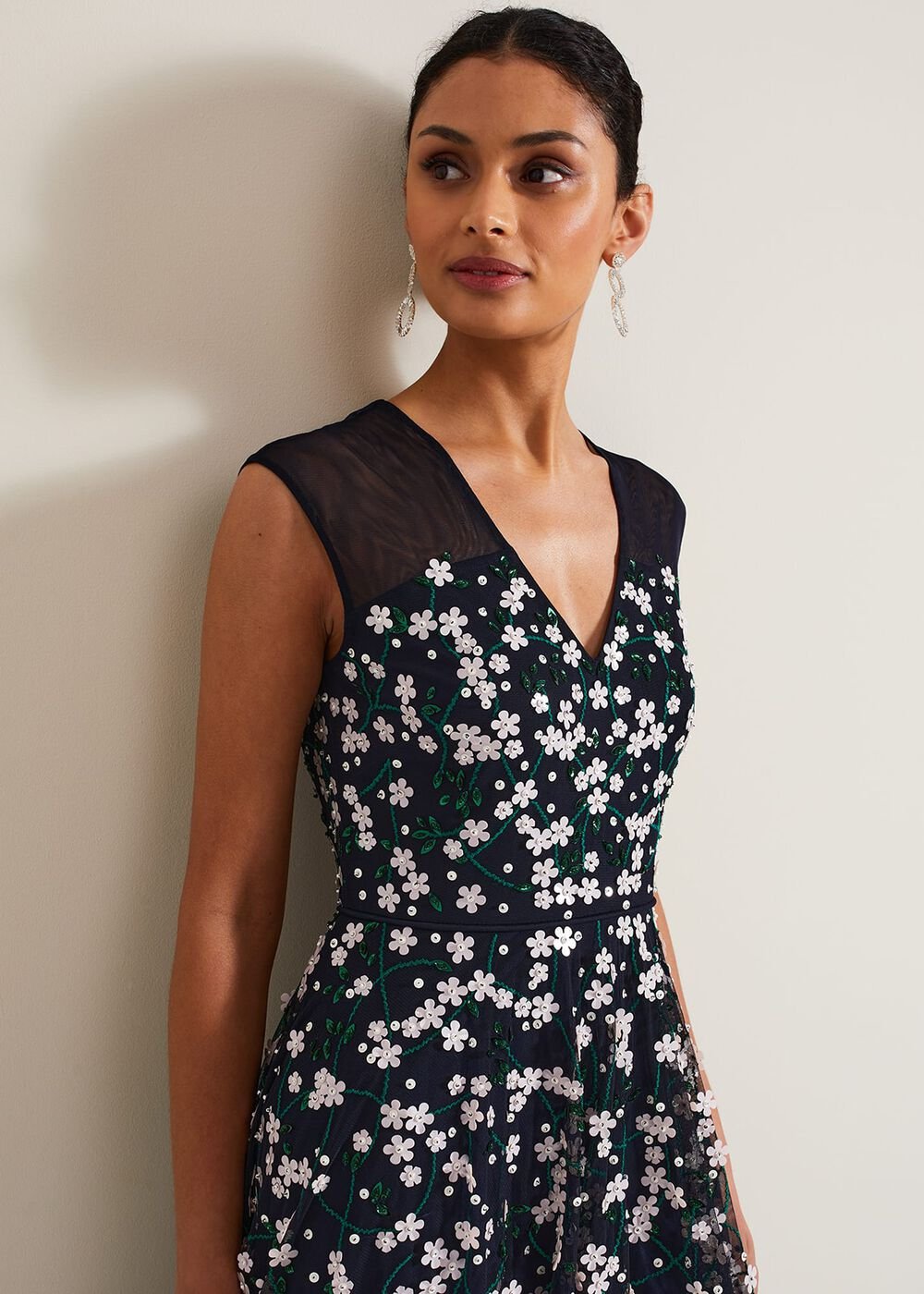 Ellen Blossom Beaded Midi Dress Navy
