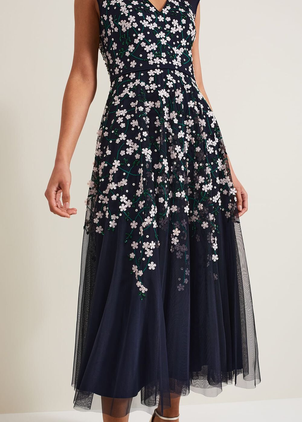 Ellen Blossom Beaded Midi Dress Navy