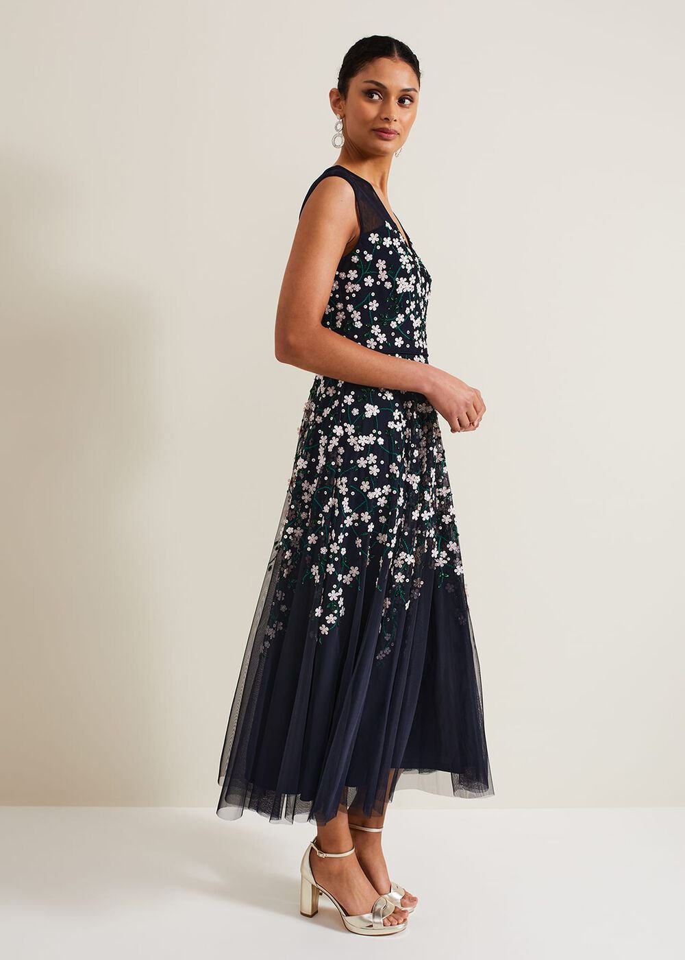 Ellen Blossom Beaded Midi Dress Navy