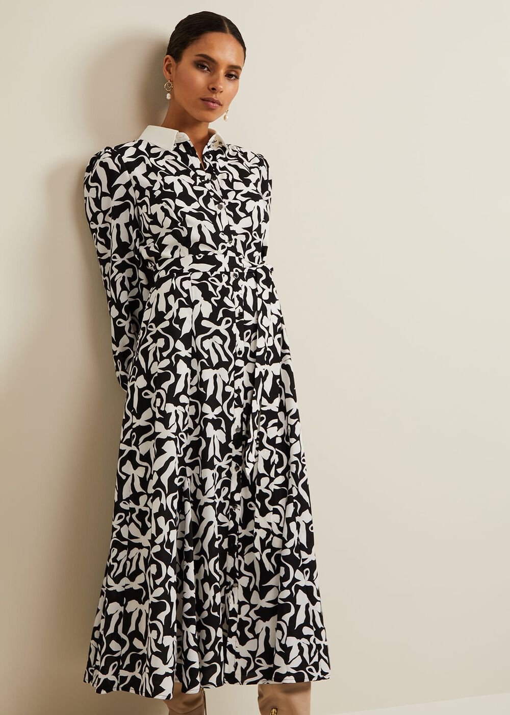 Petite Bonnie Black Bow Shirt Midi Dress Black/Ivory