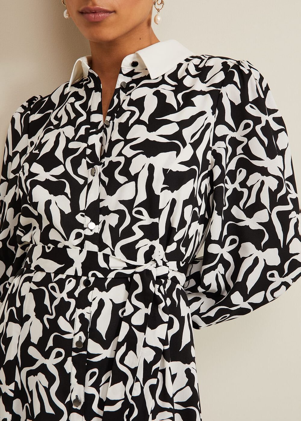 Petite Bonnie Black Bow Shirt Midi Dress Black/Ivory