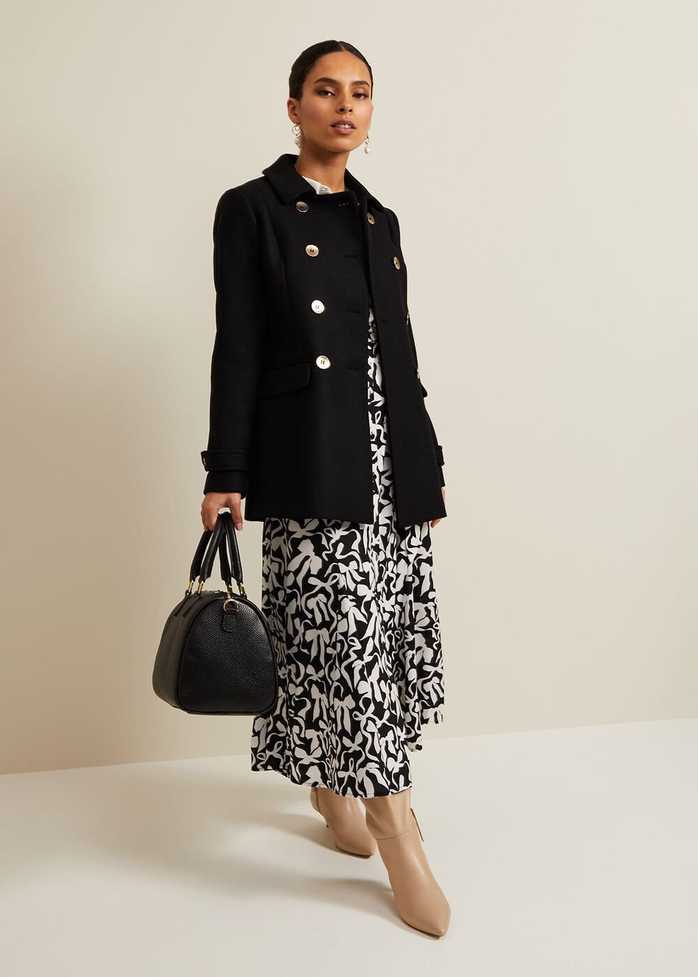 Petite Bonnie Black Bow Shirt Midi Dress Black/Ivory