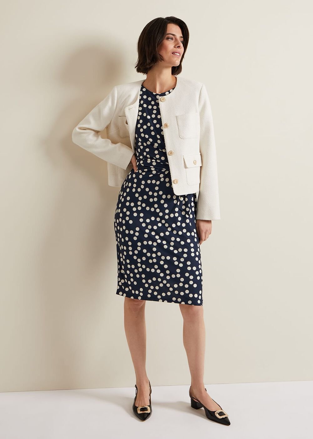 Josey Jersey Spot Bodycon Midi Dress Navy/Ivory
