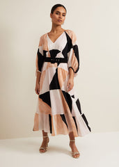 Petite Sophia Colour Block Belted Dress Multi-Coloured