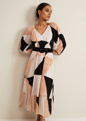 Petite Sophia Colour Block Belted Dress Multi-Coloured