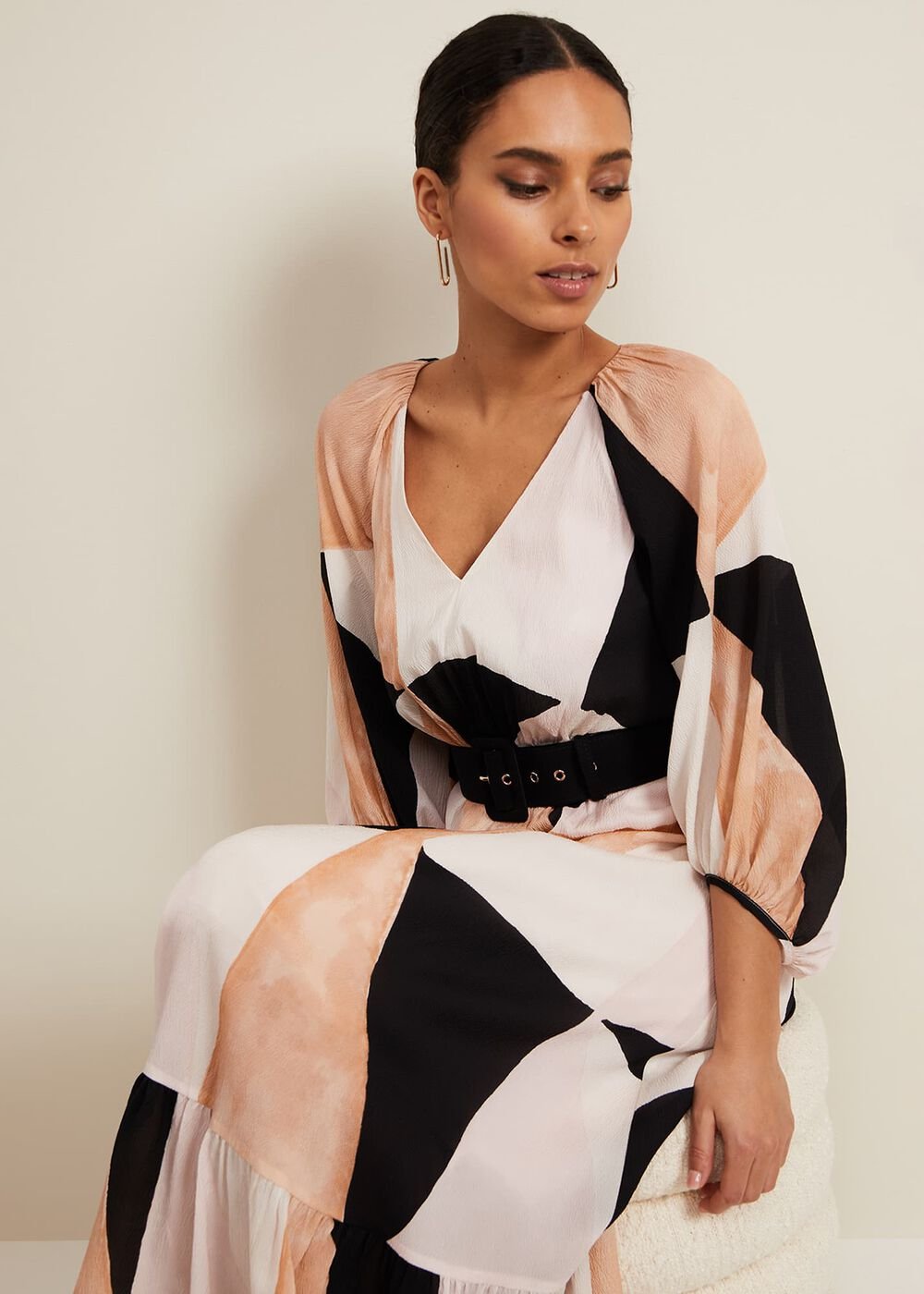 Petite Sophia Colour Block Belted Dress Multi-Coloured