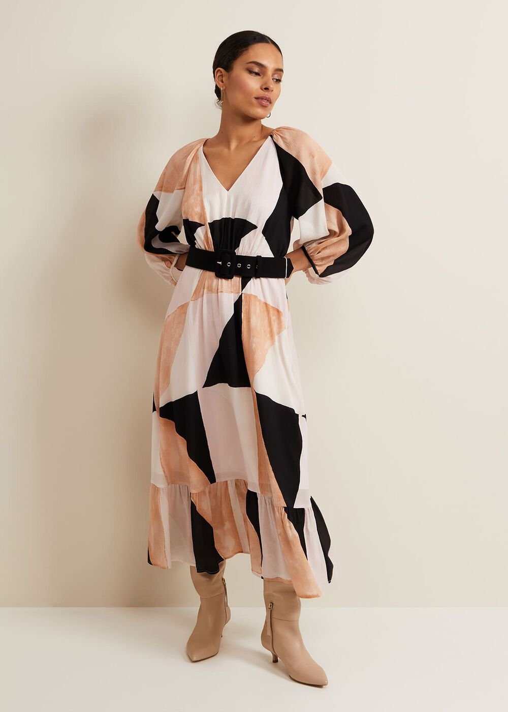 Petite Sophia Colour Block Belted Dress Multi-Coloured