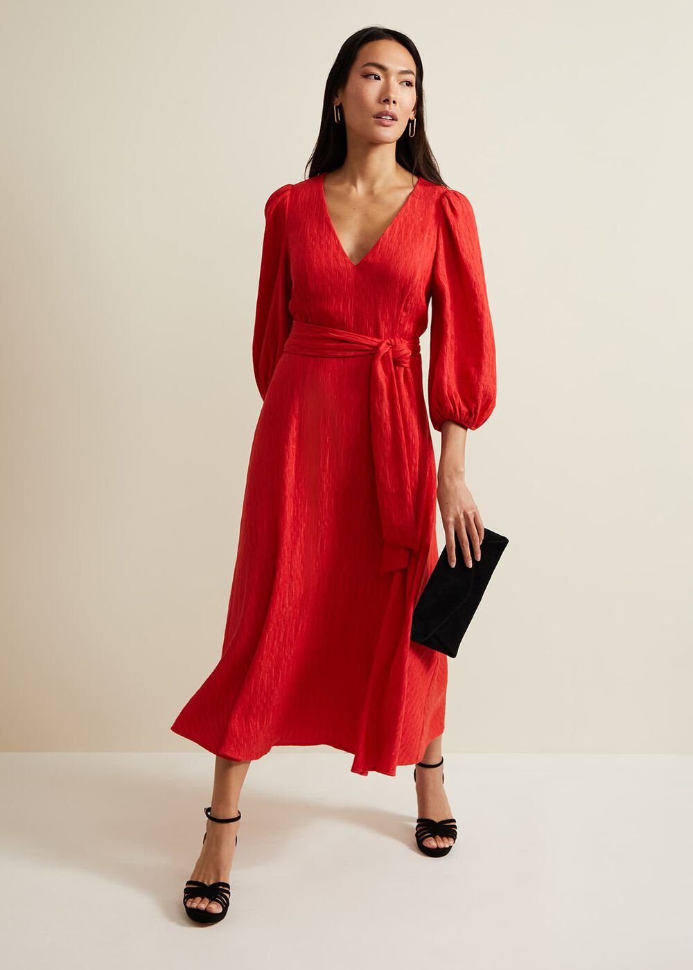 Marilyn Puff Sleeve Midi Dress Orange
