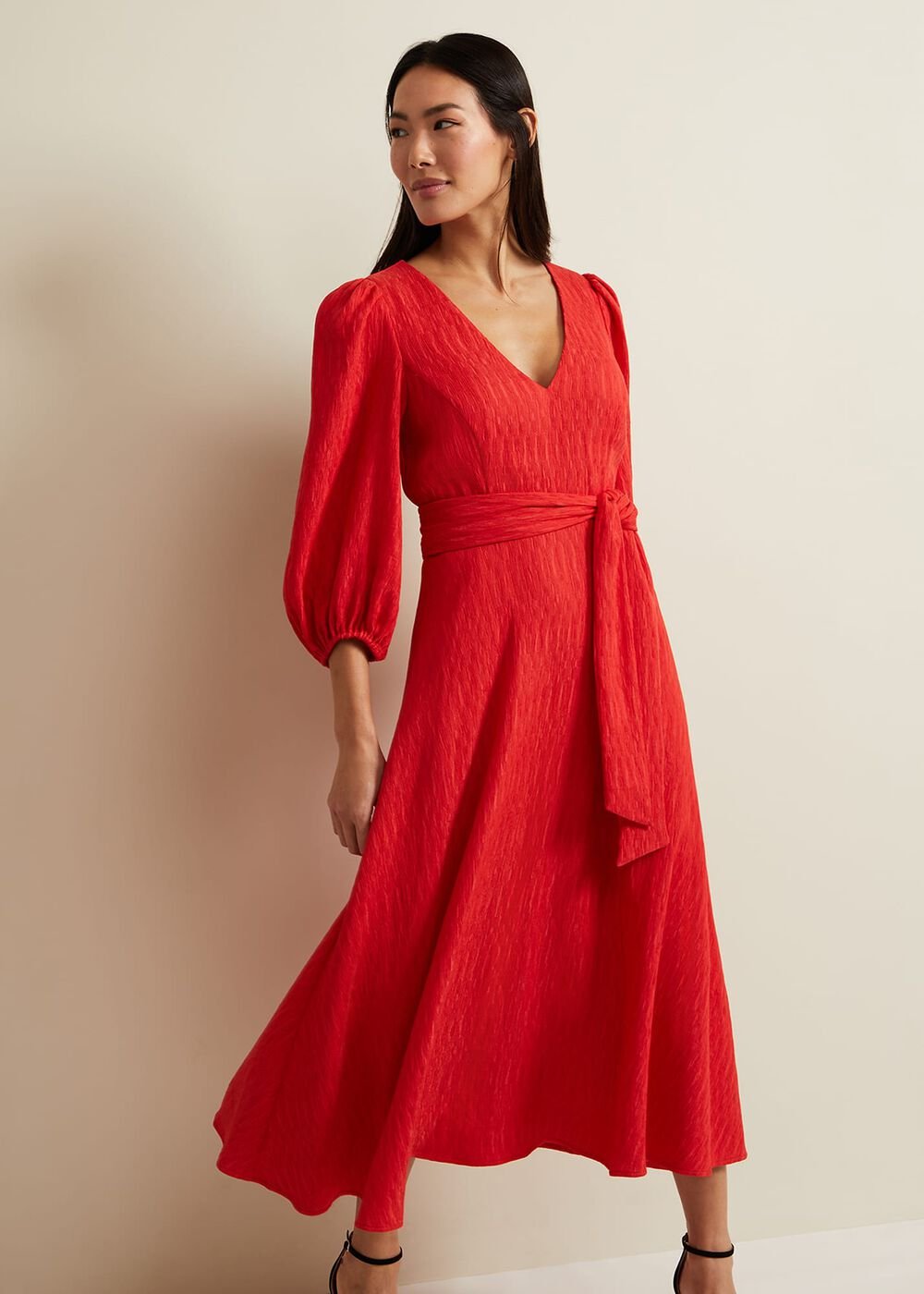 Marilyn Puff Sleeve Midi Dress Orange