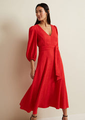 Marilyn Puff Sleeve Midi Dress Orange