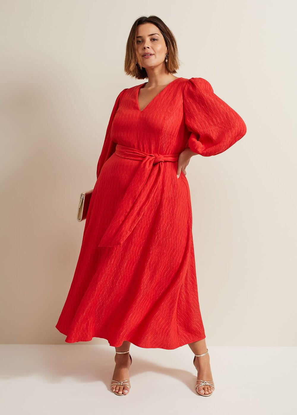 Marilyn Puff Sleeve Midi Dress Orange