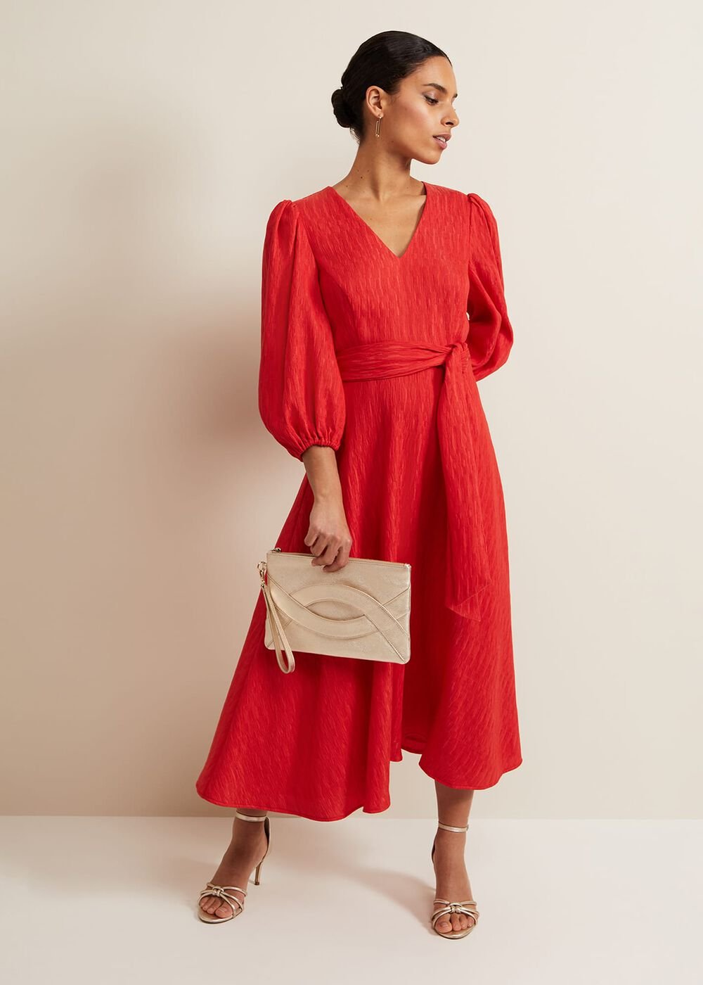 Petite Marilyn Puff Sleeve Midi Dress Orange