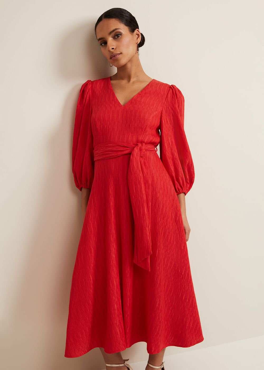 Petite Marilyn Puff Sleeve Midi Dress Orange
