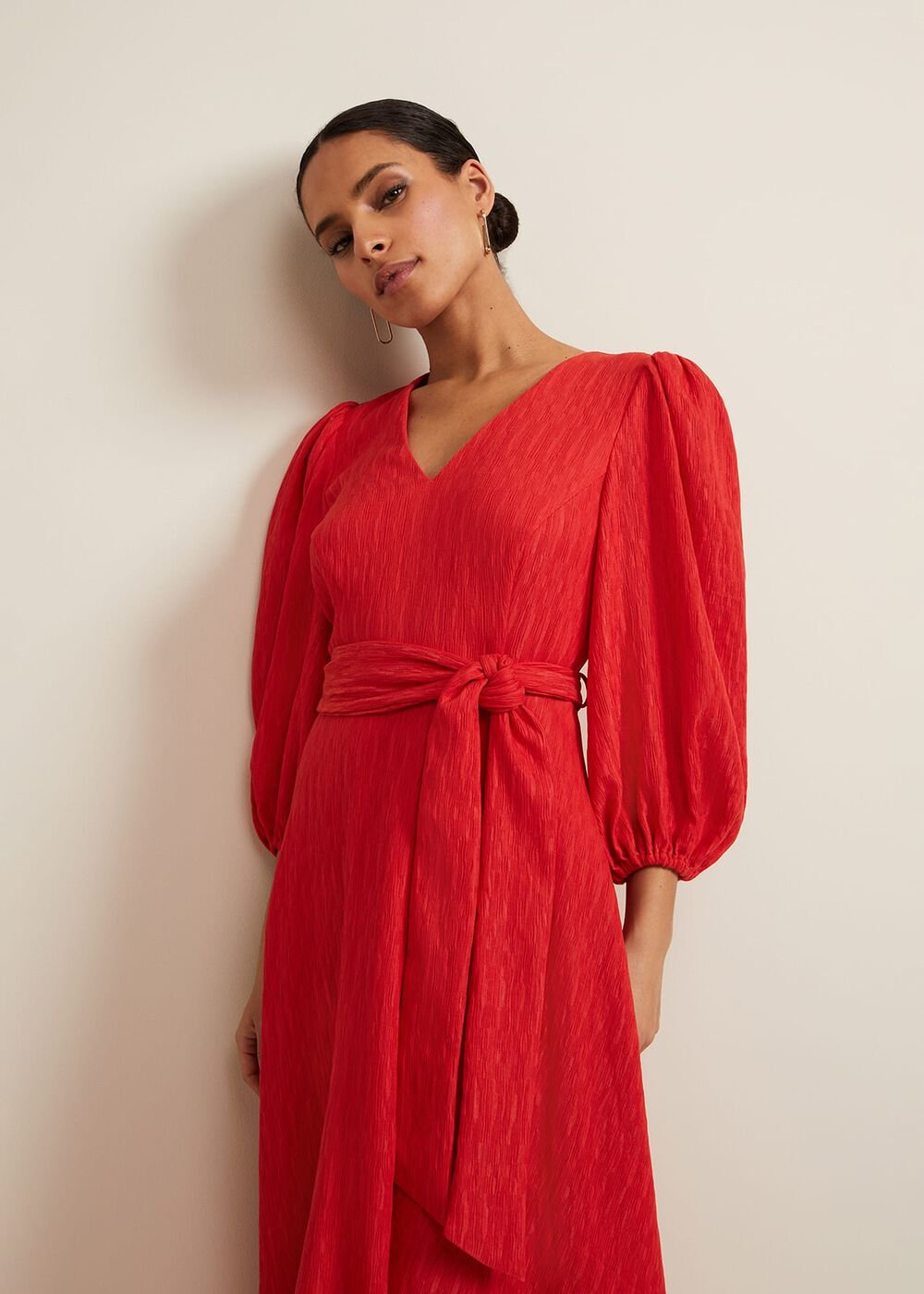 Petite Marilyn Puff Sleeve Midi Dress Orange