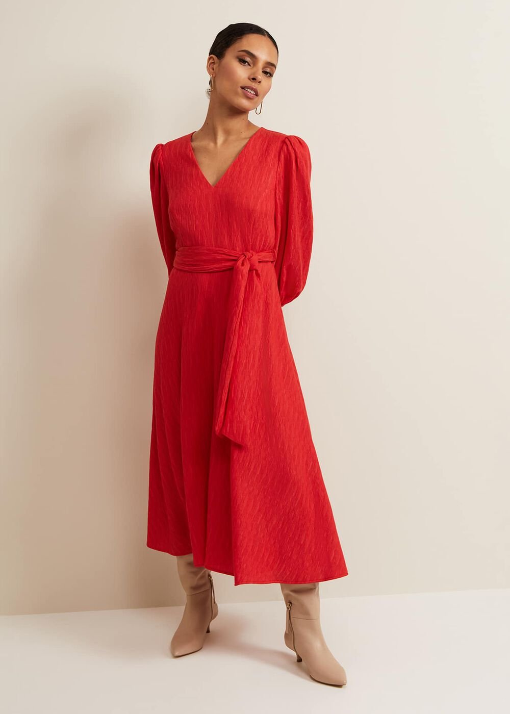 Petite Marilyn Puff Sleeve Midi Dress Orange