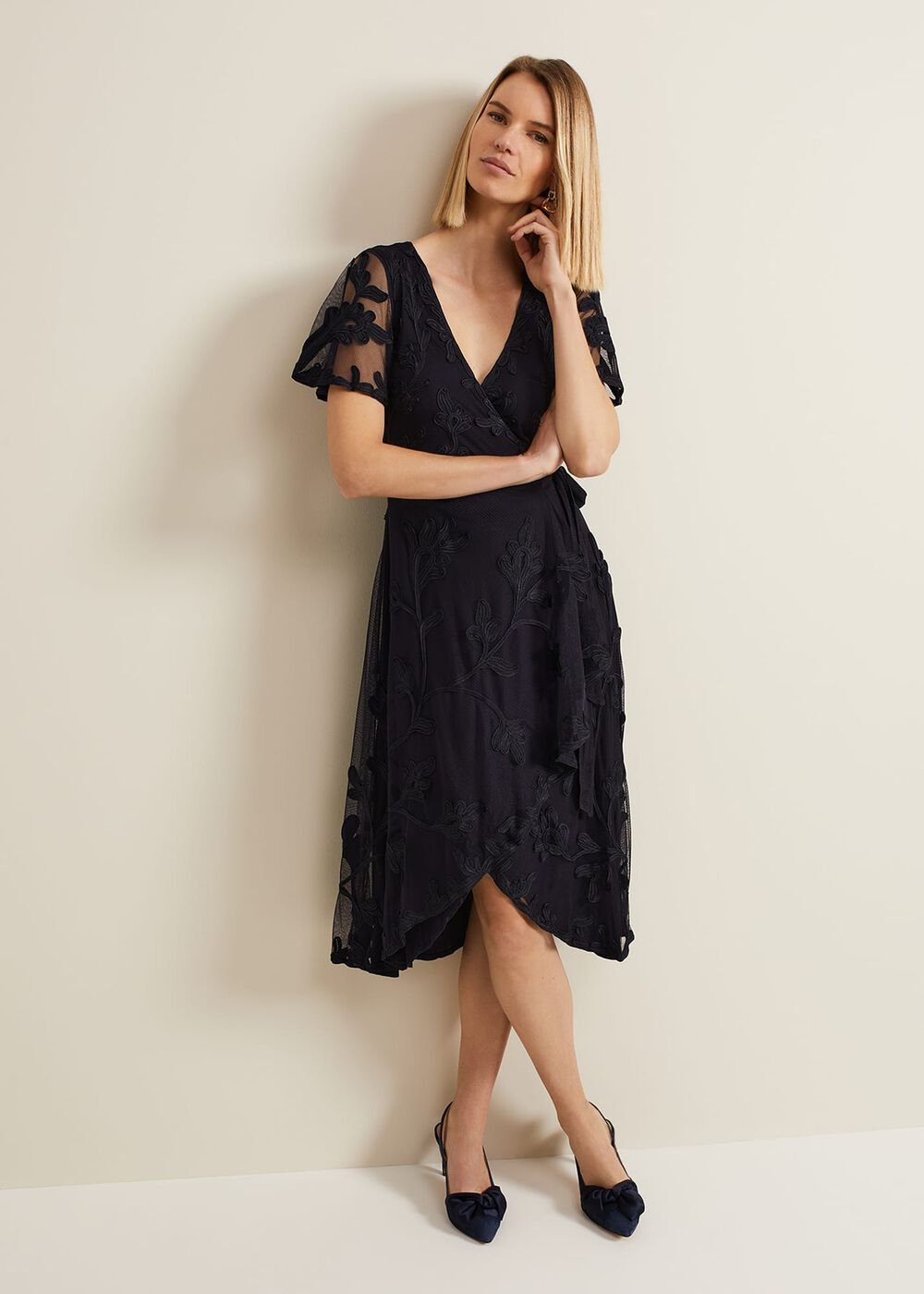 Clara Tapework Wrap Dress Navy