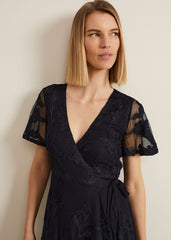 Clara Tapework Wrap Dress Navy