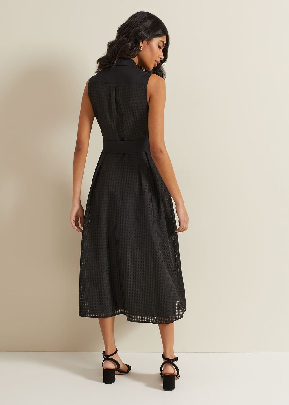 Carey Sleeveless Check Midi Dress Black