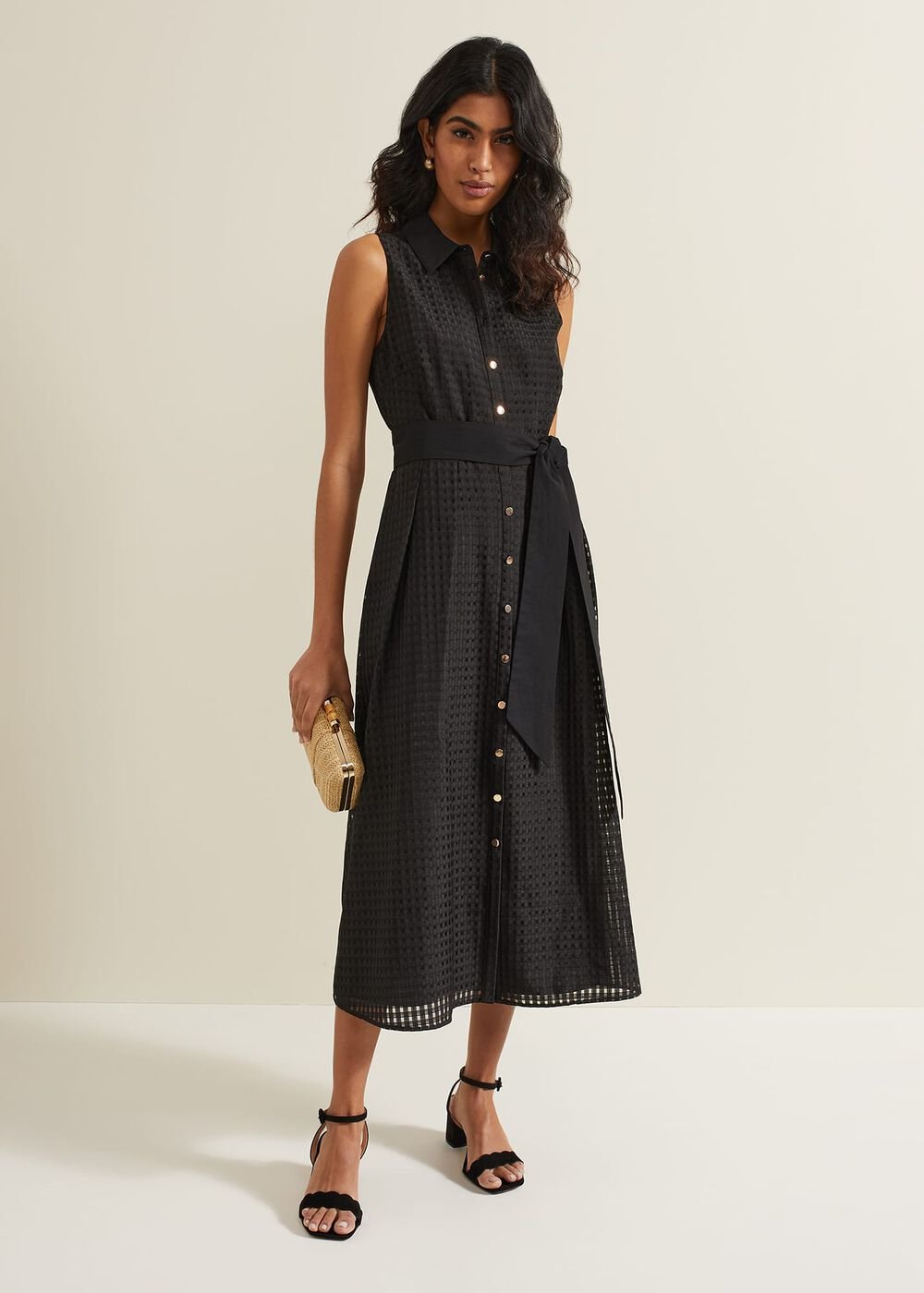 Carey Sleeveless Check Midi Dress Black