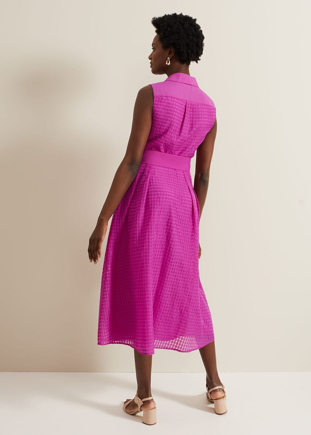 Carey Sleeveless Check Midi Dress Pink