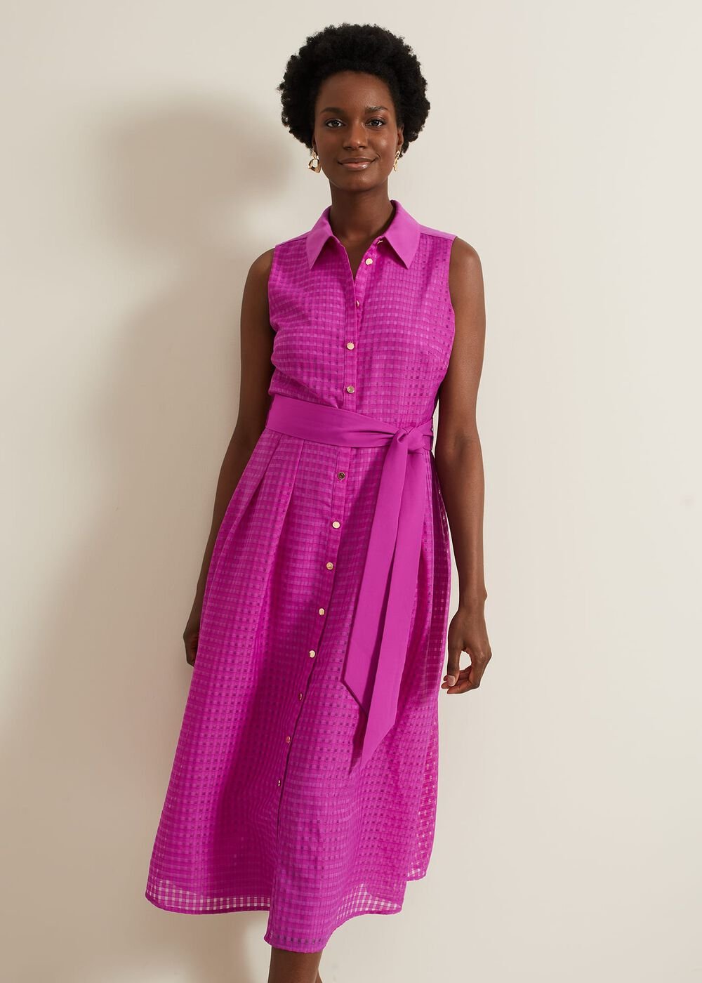 Carey Sleeveless Check Midi Dress Pink