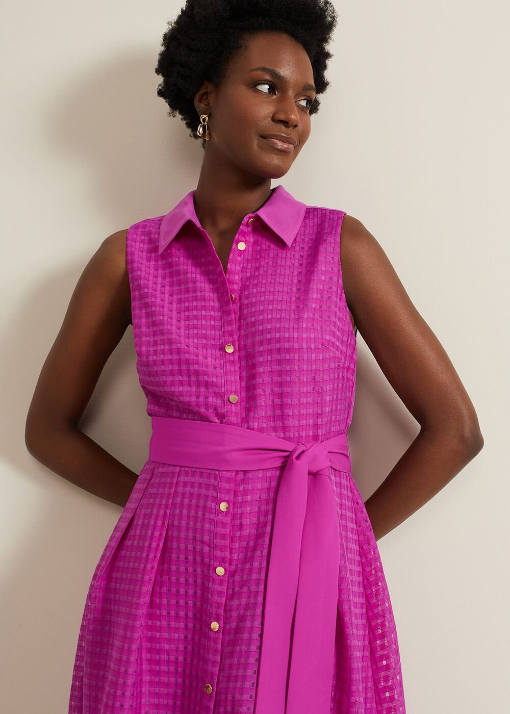 Carey Sleeveless Check Midi Dress Pink