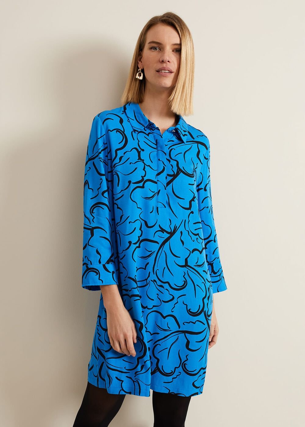 Marina Leaf Print Tunic Dress Blue