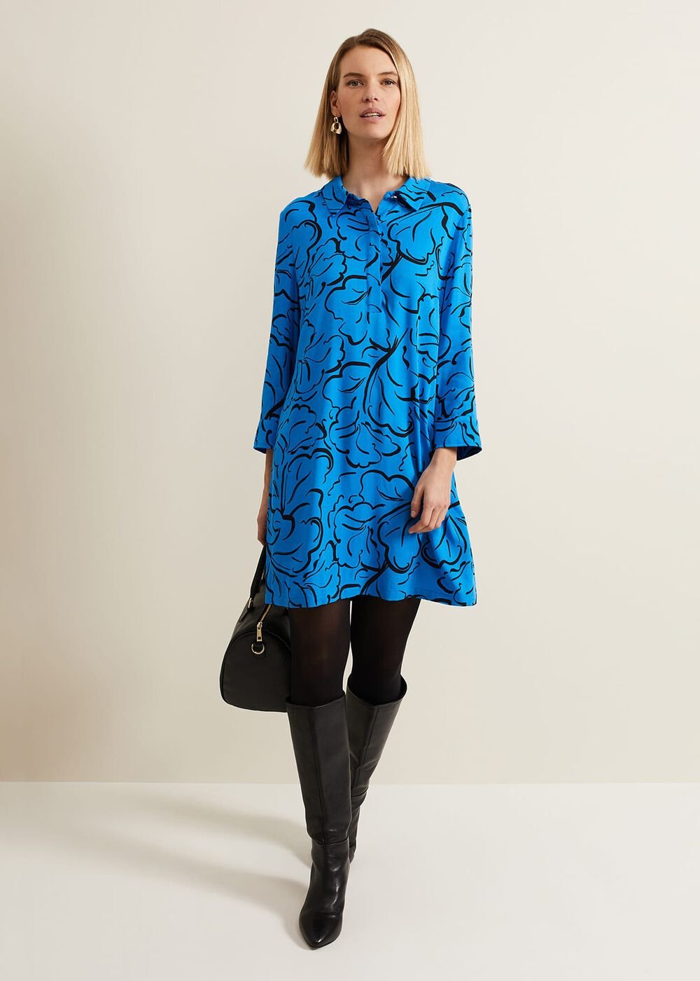 Marina Leaf Print Tunic Dress Blue