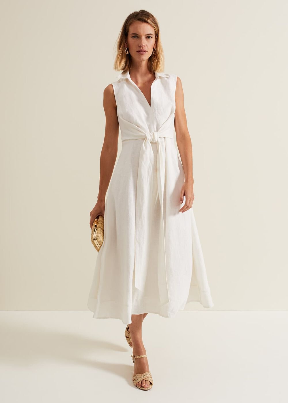 Becky Tie Front Midi Dress White