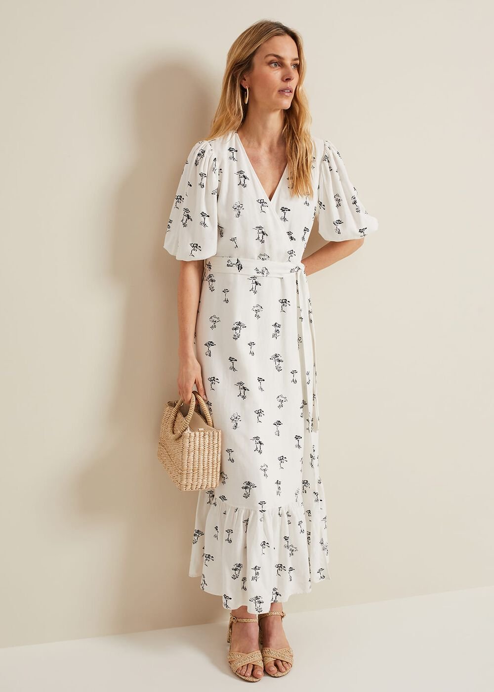 Nelly Linen Wrap Midi Dress Cream