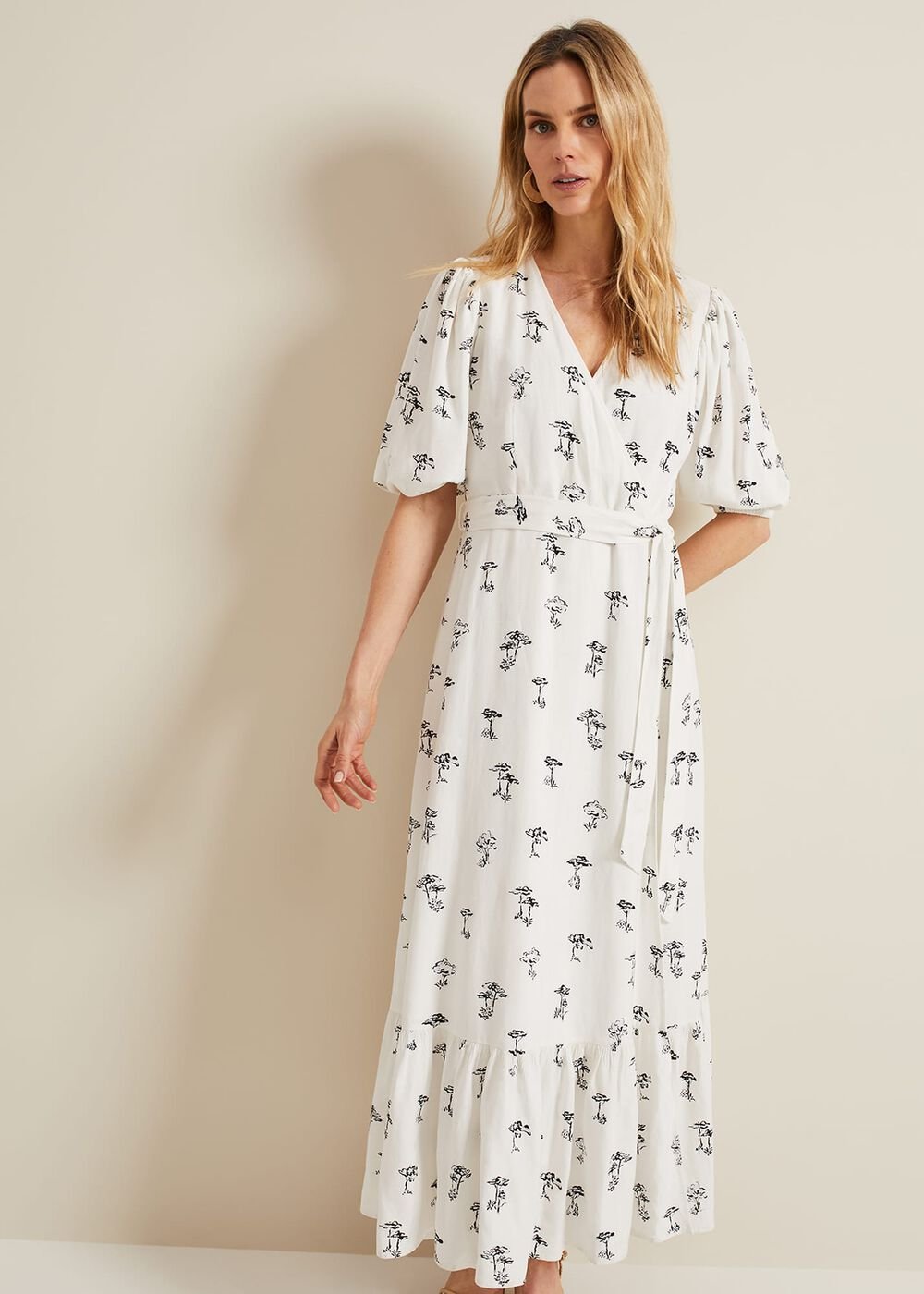 Nelly Linen Wrap Midi Dress Cream