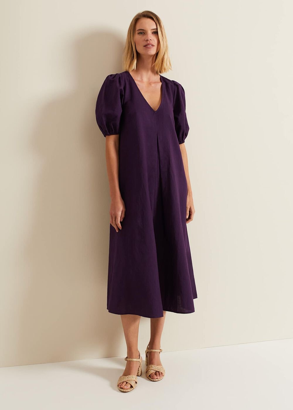 Lotty Puff Sleeve Midi Dress Purple