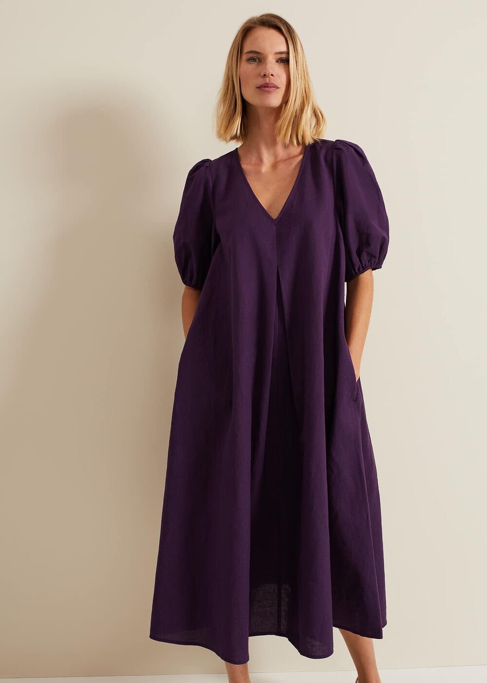 Lotty Puff Sleeve Midi Dress Purple