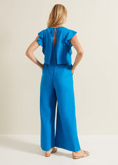 Aubrey Blue Linen Frill Jumpsuit Blue