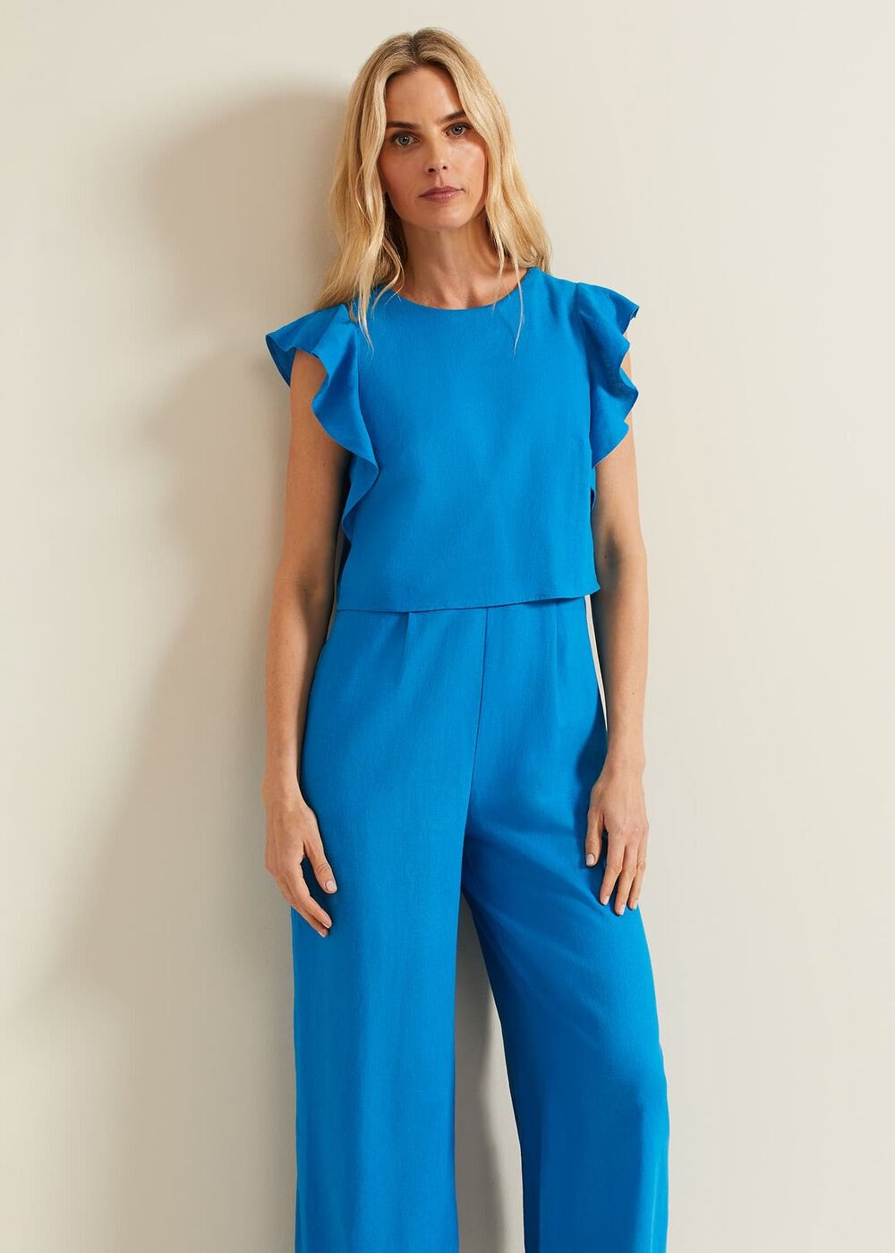 Aubrey Blue Linen Frill Jumpsuit Blue