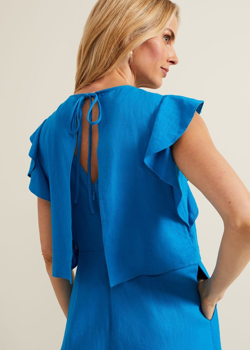 Aubrey Blue Linen Frill Jumpsuit Blue