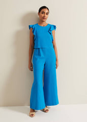 Petite Aubrey Blue Linen Frill Jumpsuit Blue