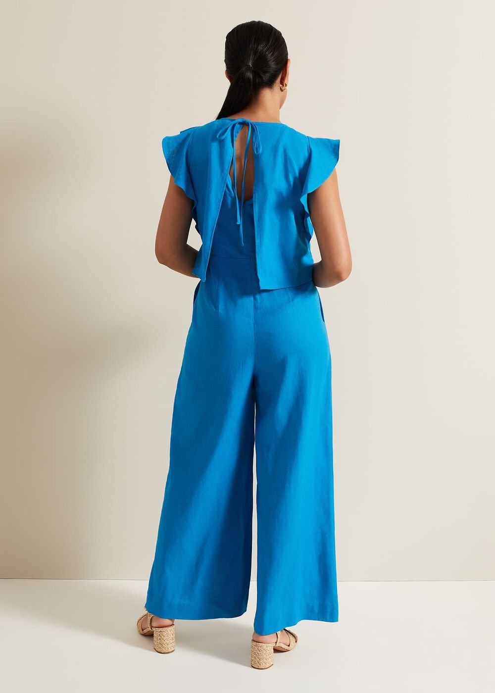 Petite Aubrey Blue Linen Frill Jumpsuit Blue