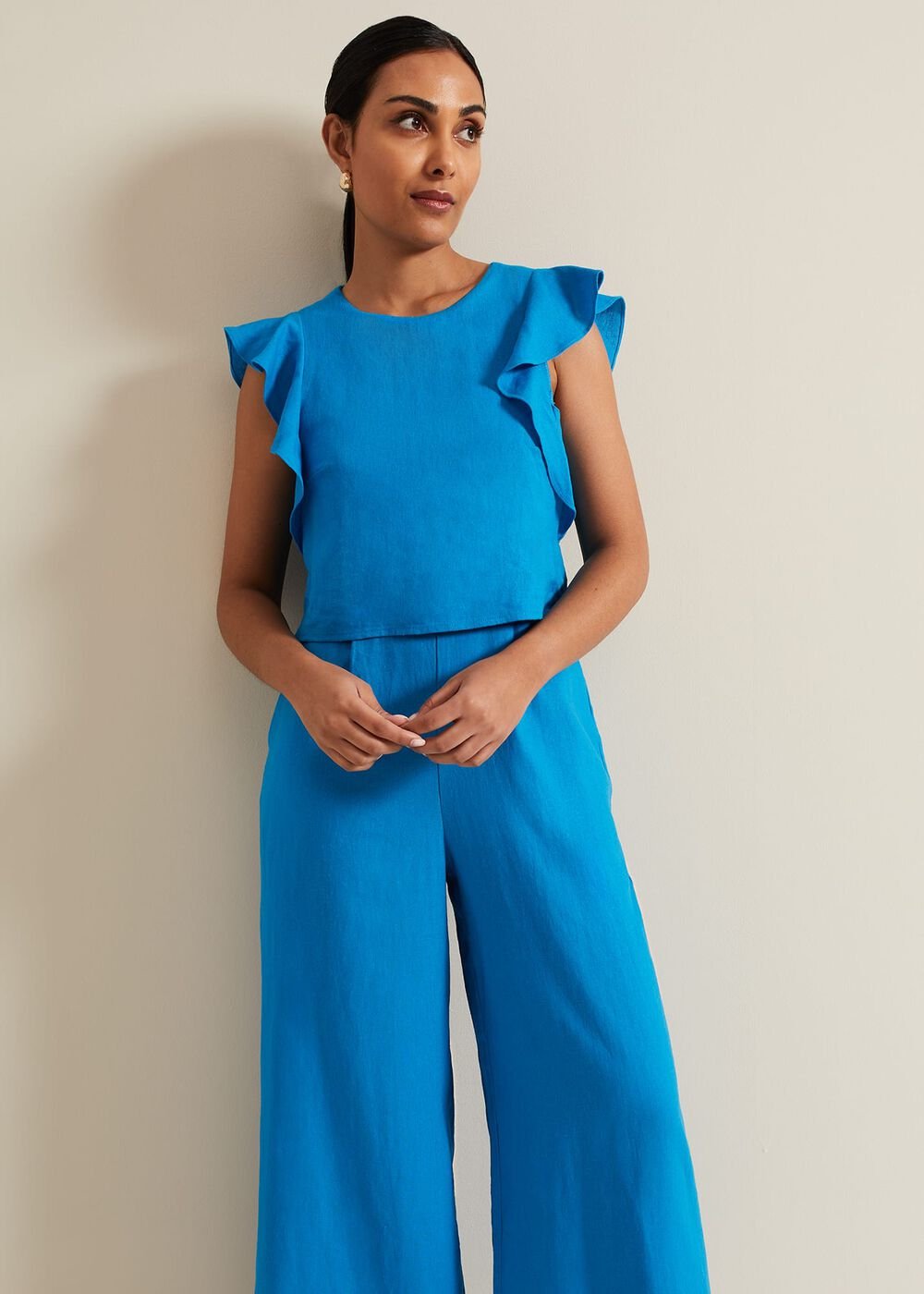 Petite Aubrey Blue Linen Frill Jumpsuit Blue