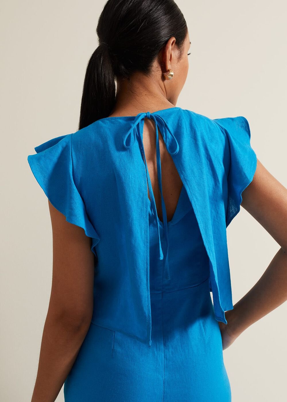 Petite Aubrey Blue Linen Frill Jumpsuit Blue