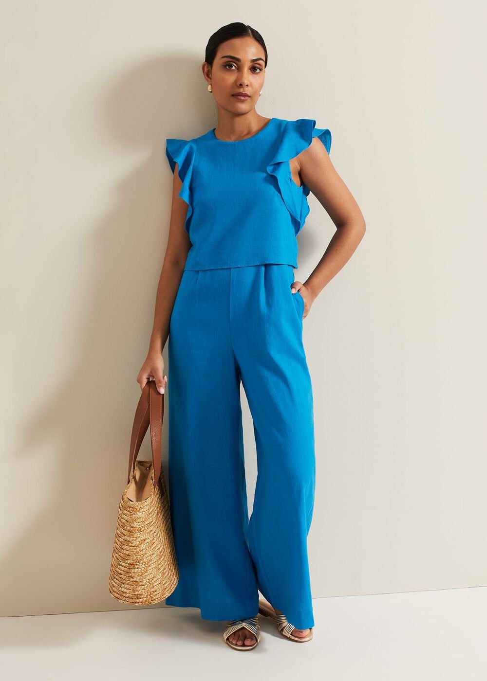 Petite Aubrey Blue Linen Frill Jumpsuit Blue