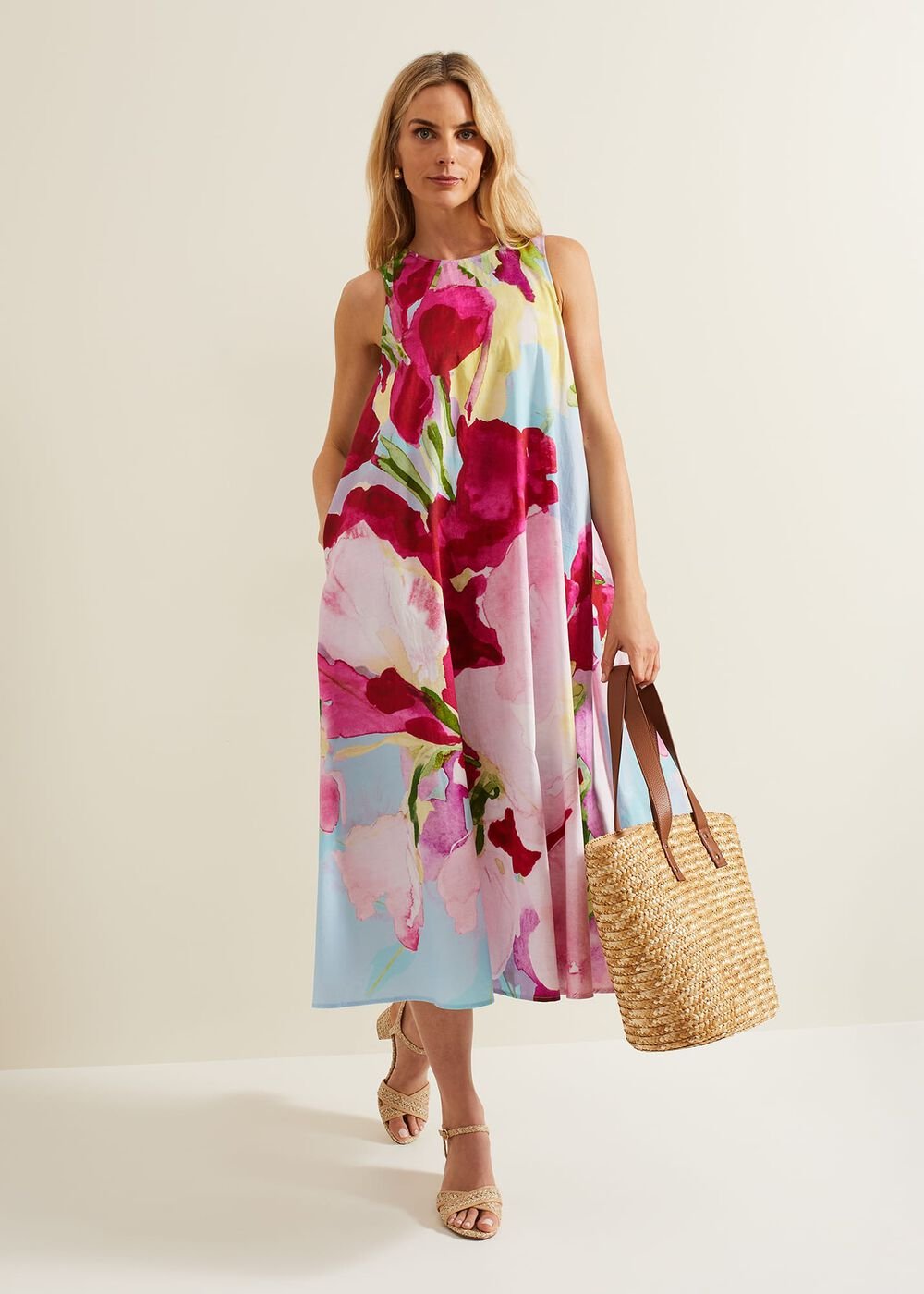 Leila Cotton Floral Midi Dress Pink