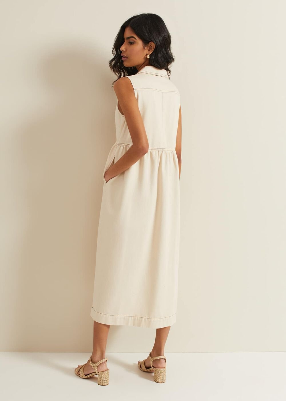 Blakely Zip Denim Midi Dress Cream