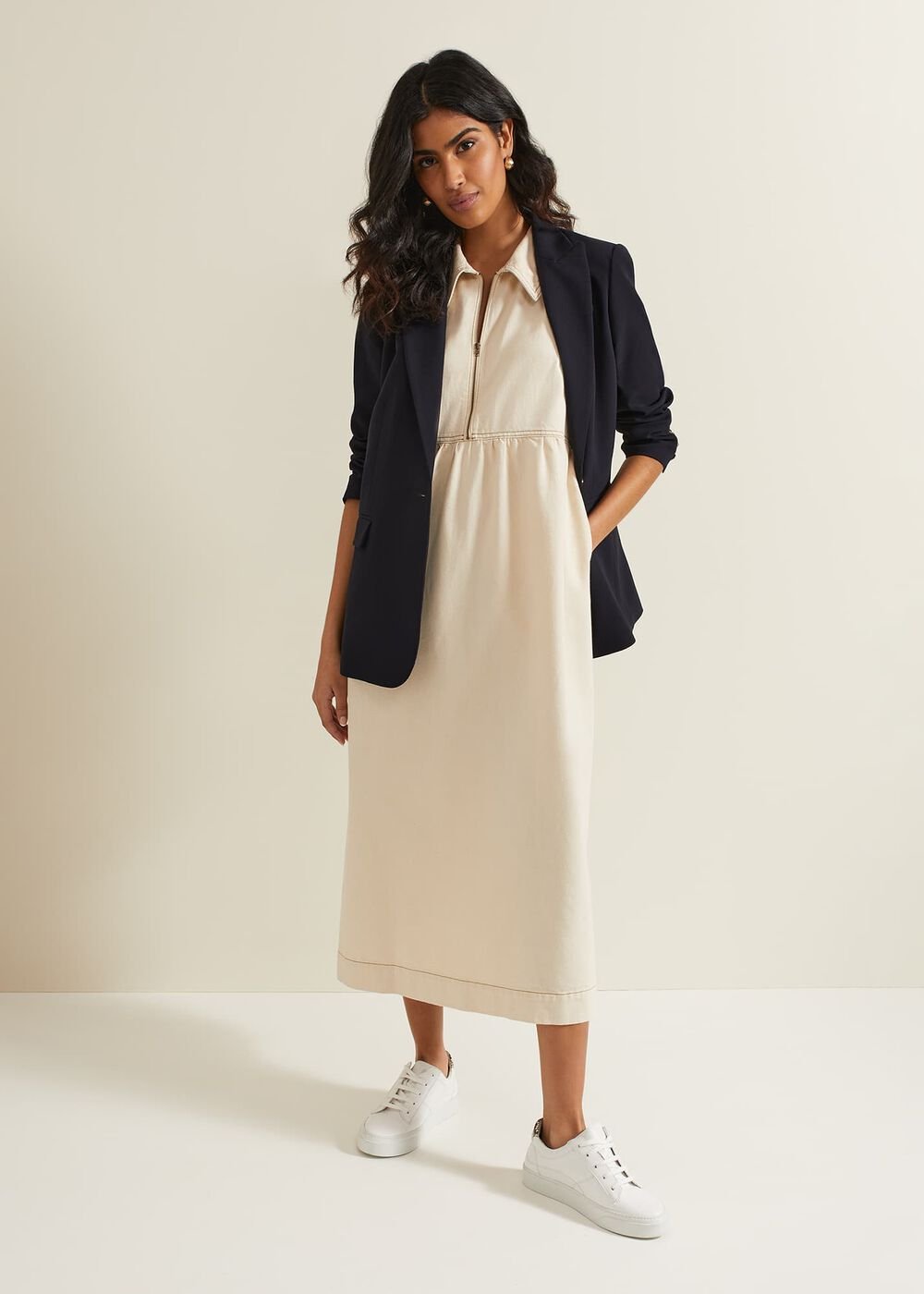 Blakely Zip Denim Midi Dress Cream