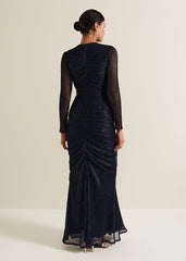 Shannia Ruched Shimmer Maxi Dress Blue