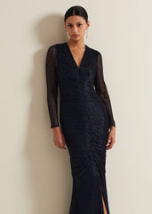 Shannia Ruched Shimmer Maxi Dress Blue