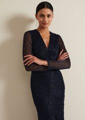 Shannia Ruched Shimmer Maxi Dress Blue