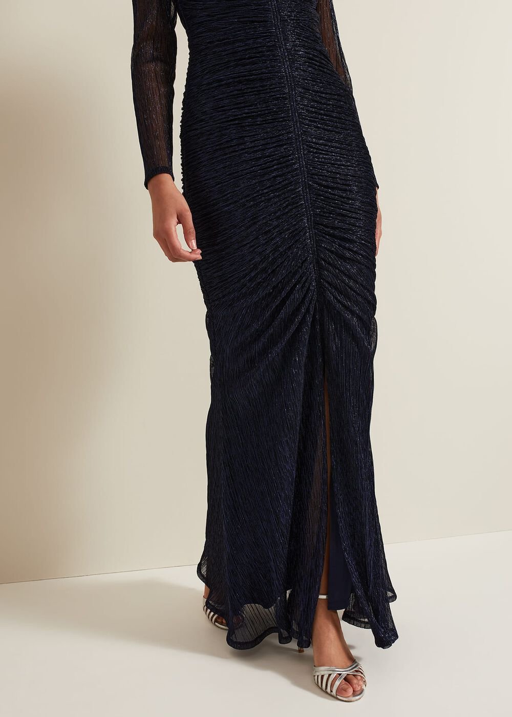 Shannia Ruched Shimmer Maxi Dress Blue