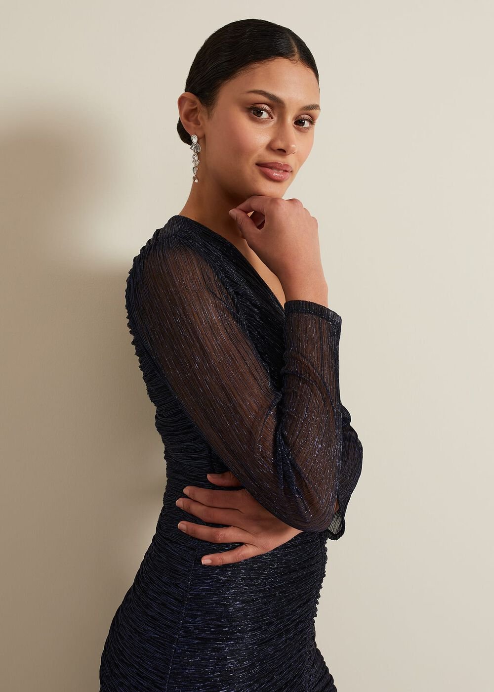 Shannia Ruched Shimmer Maxi Dress Blue